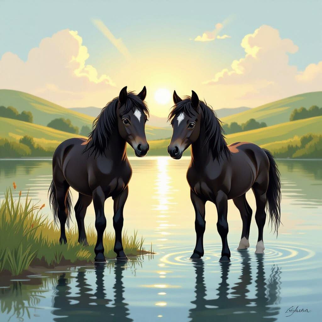 Two Adorable Black Foals by a Golden Lake