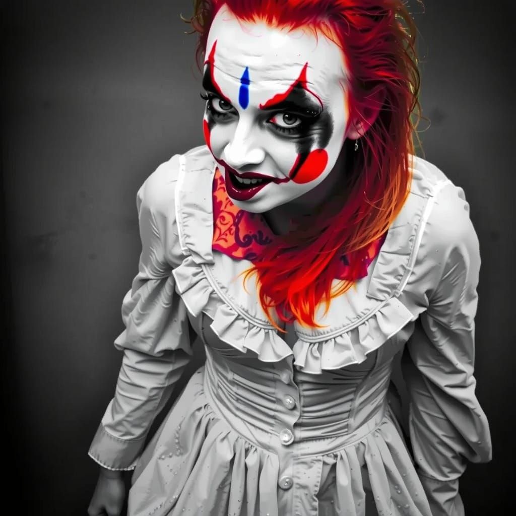 Hyperrealistic Portrait of an Angry Clown Girl