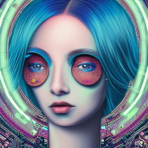 Cyberpunk Woman with Blue Hair Digital Art