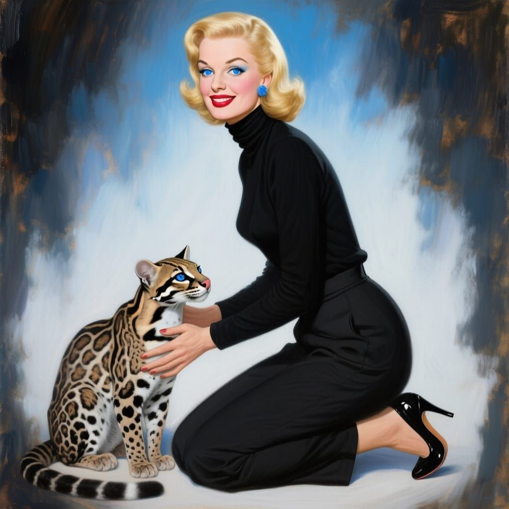 60s Woman Petting Ocelot in Impressionistic Oil Portrait