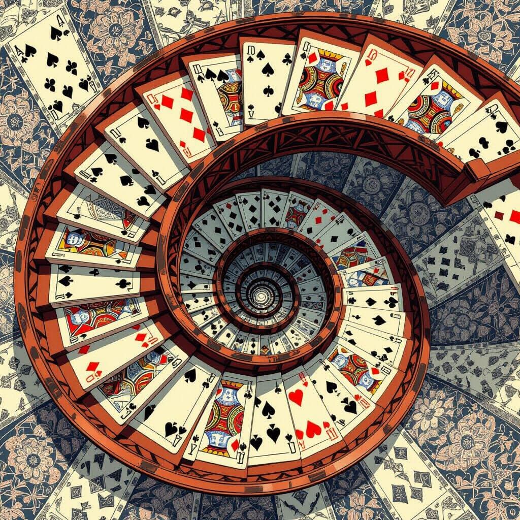 Whimsical Card Staircase in Escher Style
