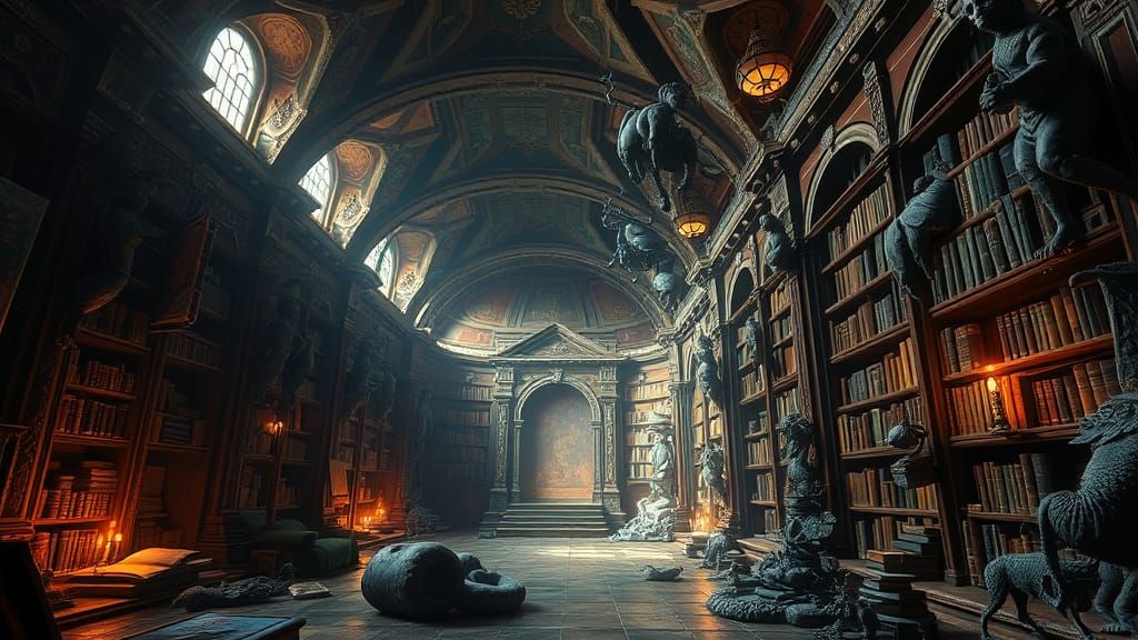 Surreal Fantasy Library in a Deep Colorful World