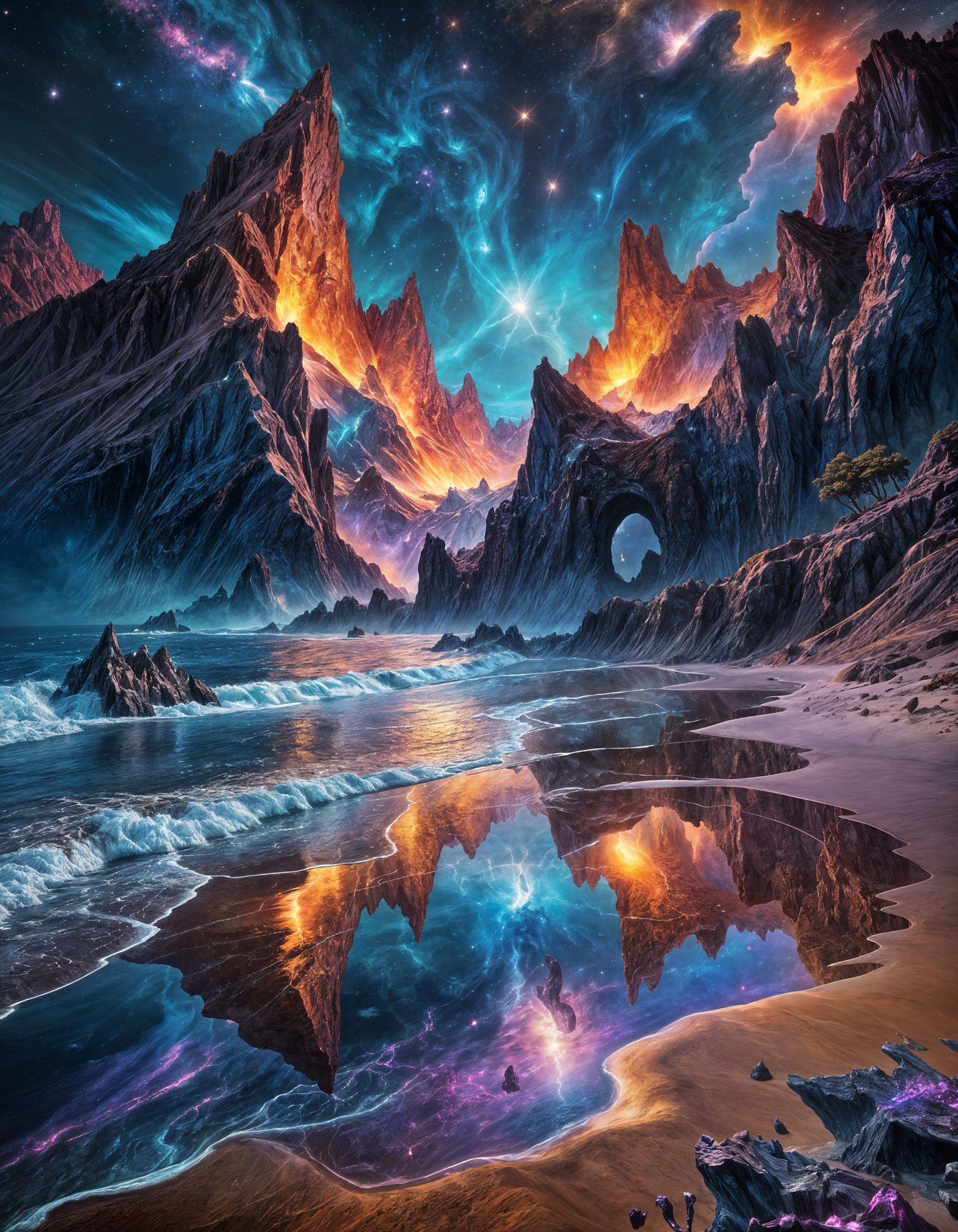 Alien Coastline with Nebula Clouds and Crystal Forests