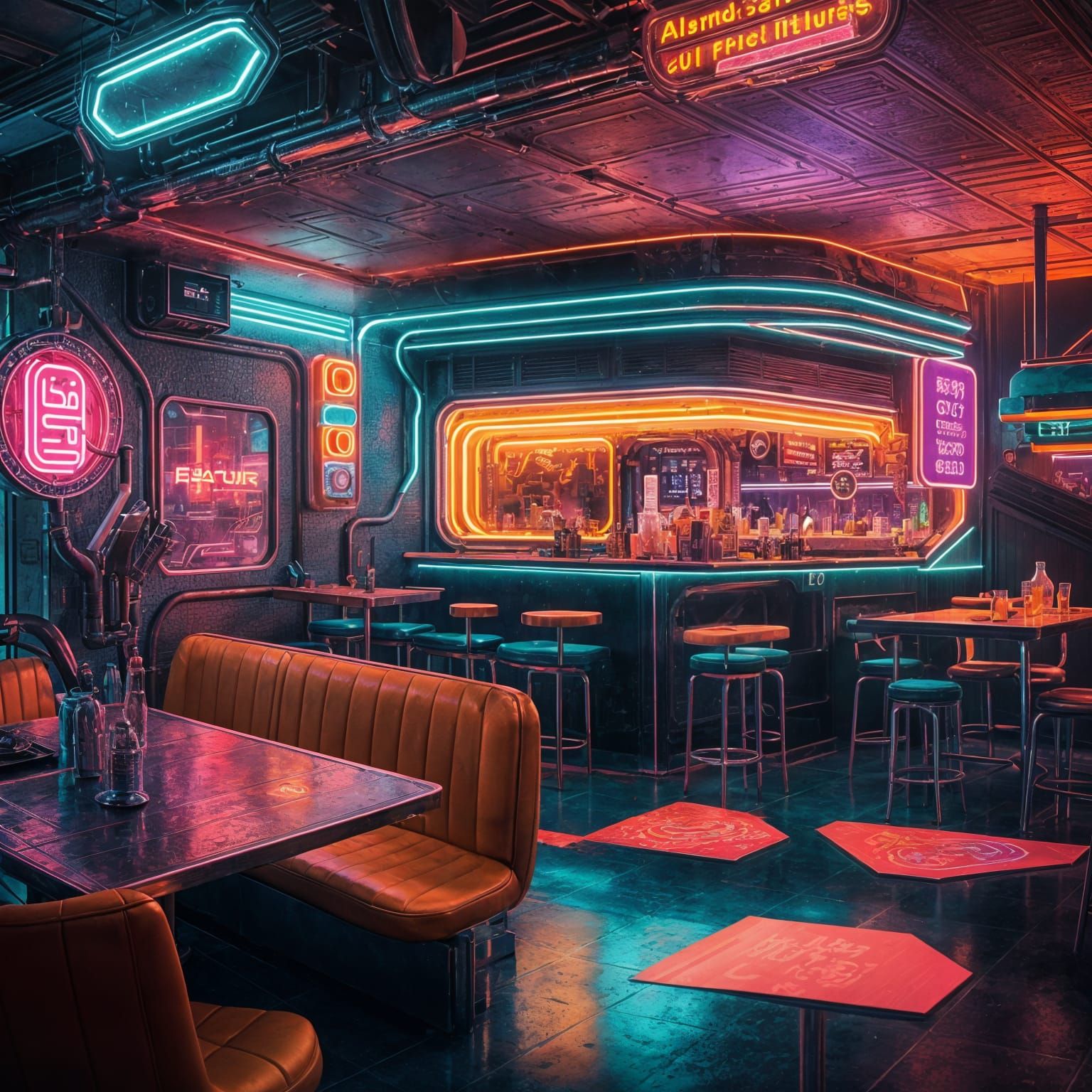 Cyberpunk Neon Restaurant in 1960s Style