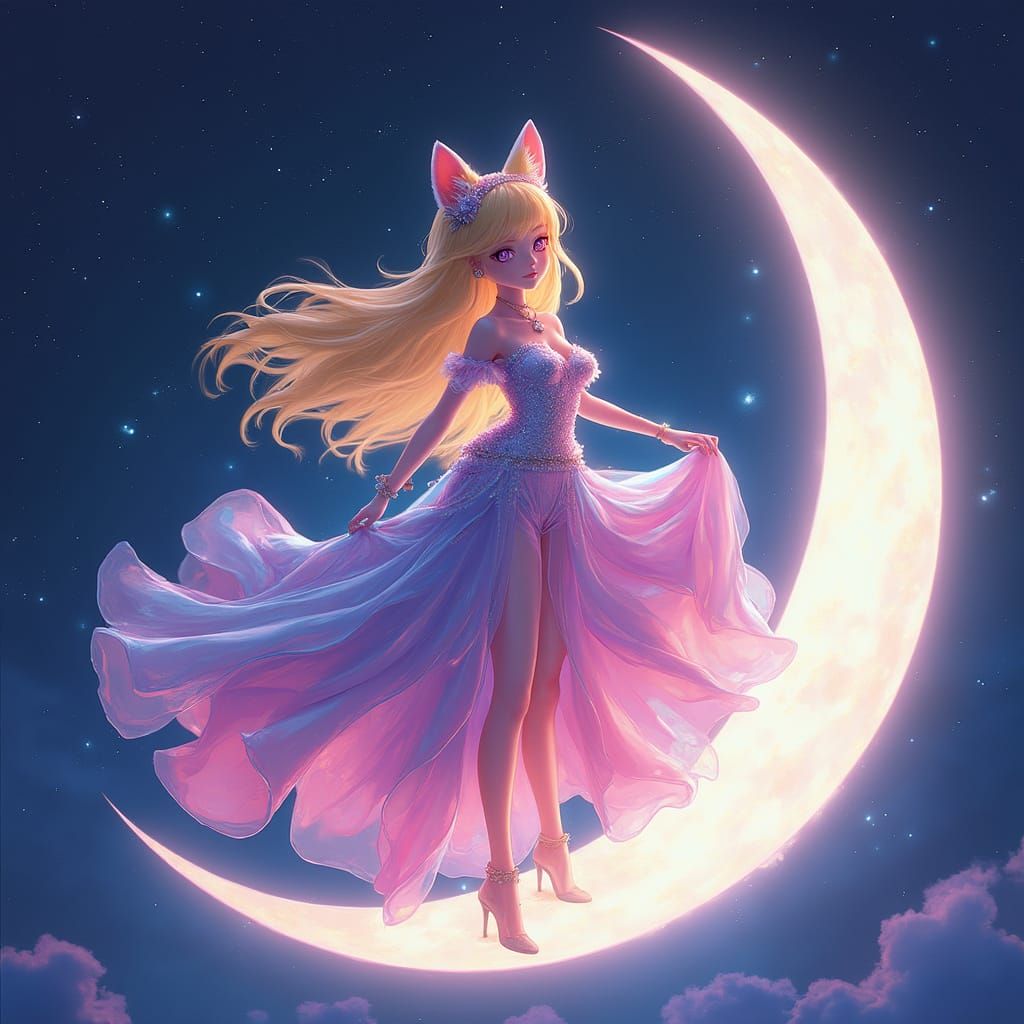 Galaxy Neko Princess in Neon Crescent Moon Glow