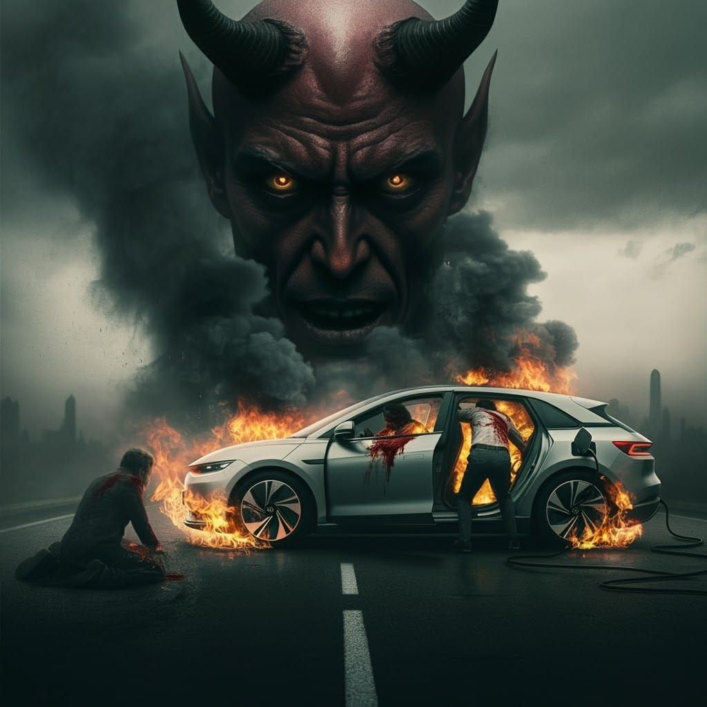 Electric Car Fire Tragedy: A Dark Fantasy Illustration