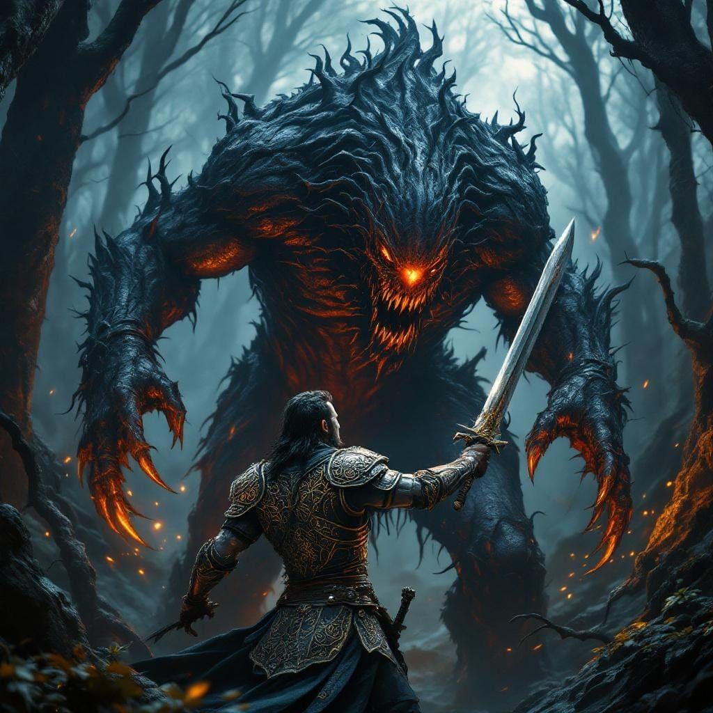 Celtic Warrior Battles Beast in Dark Fantasy Forest