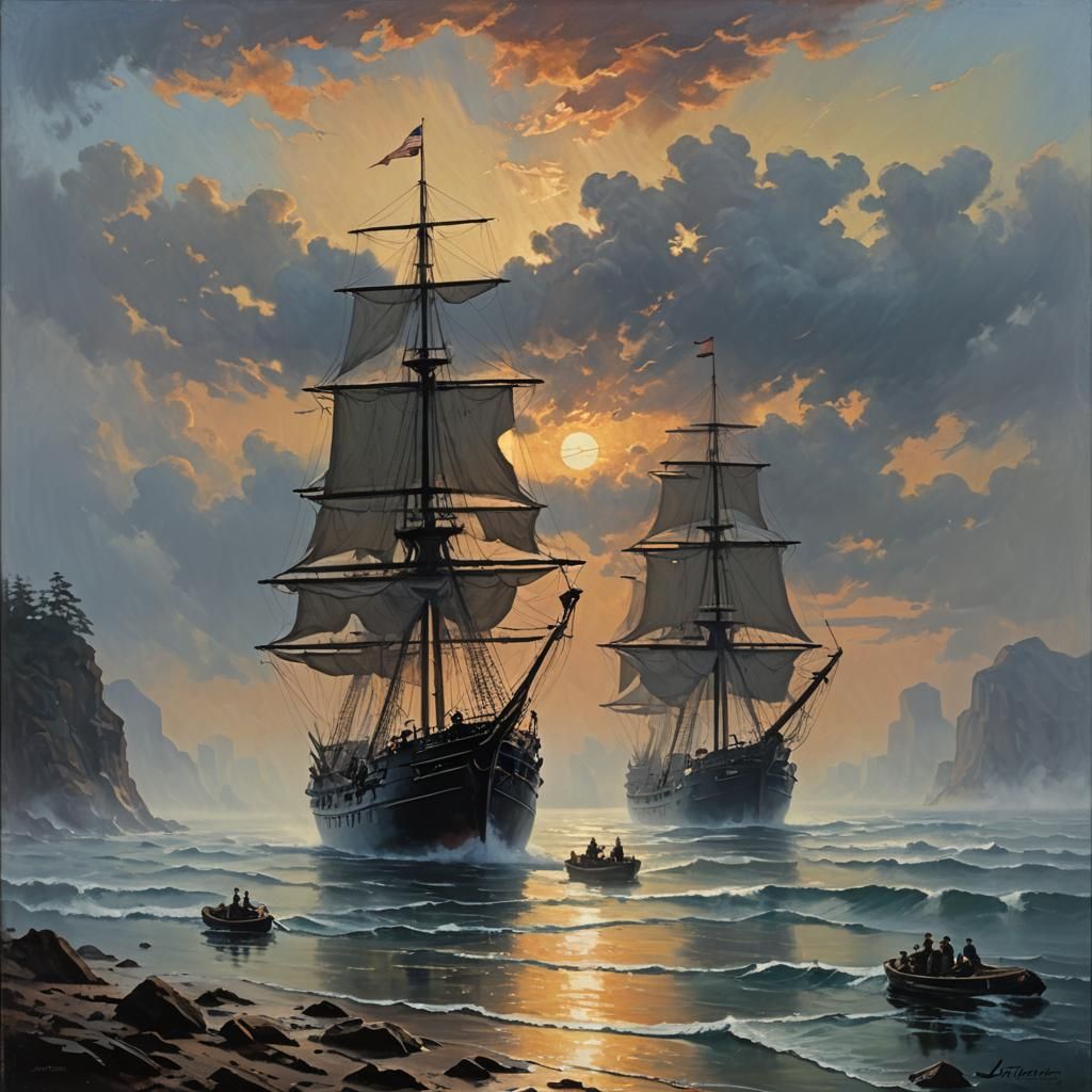 Sinister Ships in Mist: An Oil Painting