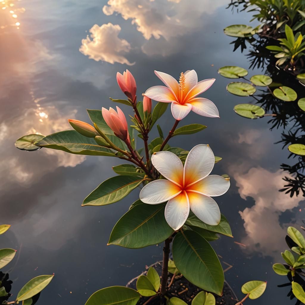 Magical White Plumeria Flower at Sunset