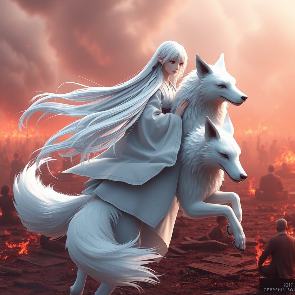 Japanese Girl on White Fox in Inferno Battlefield