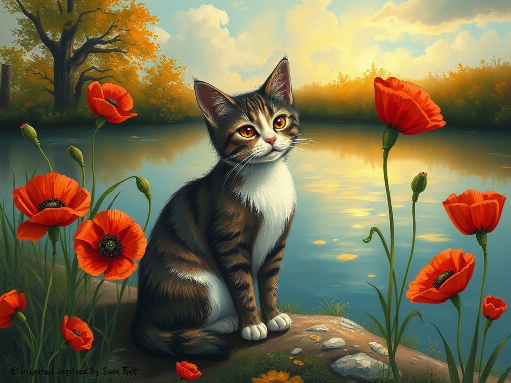 Whimsical Cat by Fire-Red Poppies on Pond Shore