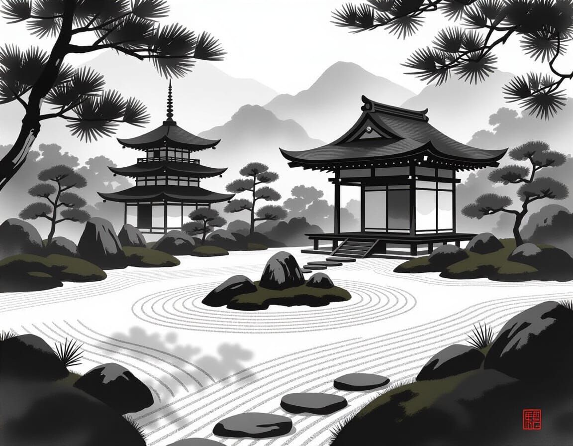 Serene Japanese Garden in Sumi-e Ink Wash Style