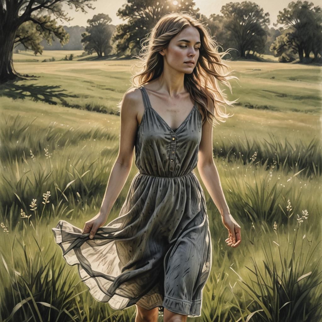 Girl in a Sundress, Embracing Freedom in a Serene Meadow