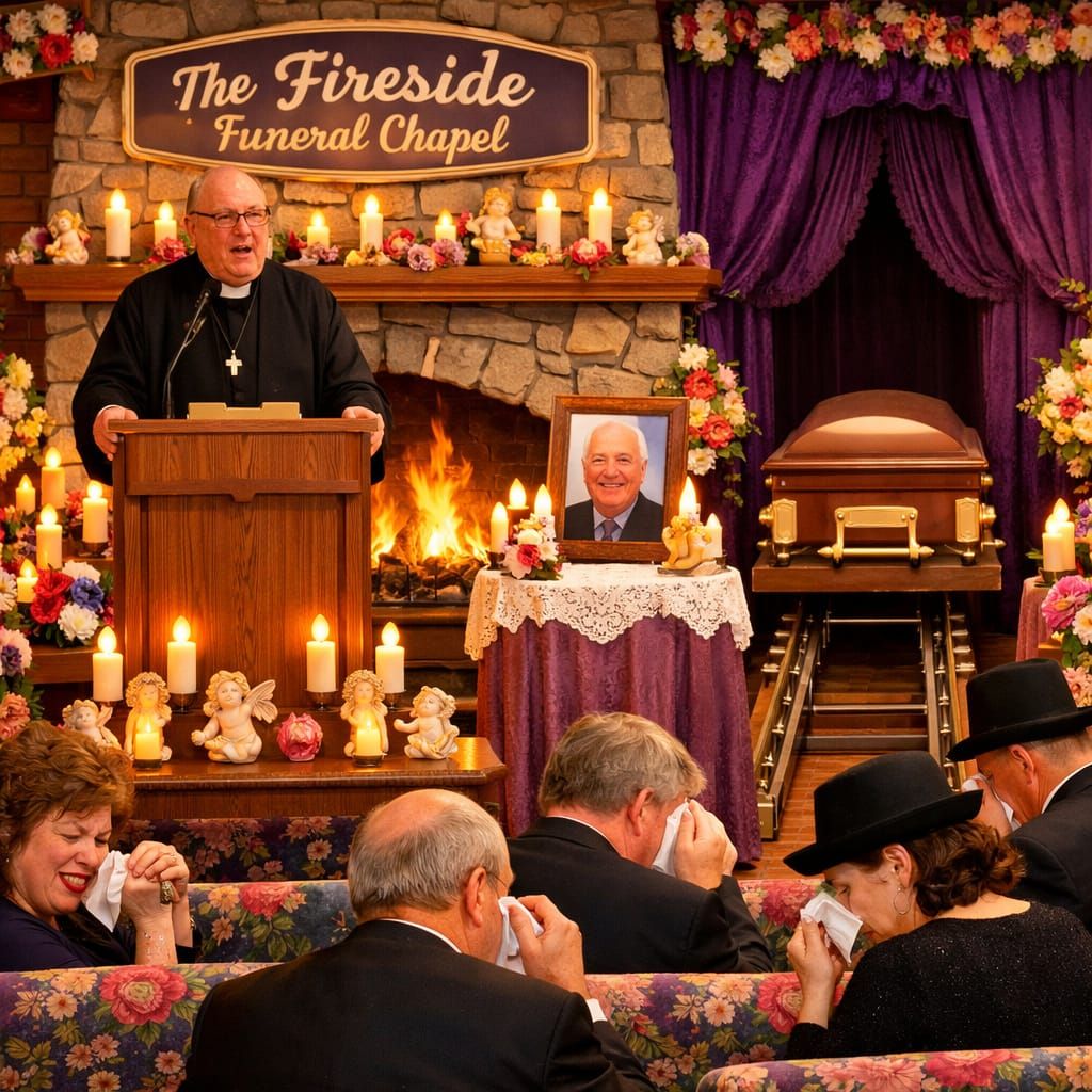 Kitsch Funeral Chapel with Mourners and Fireplace
