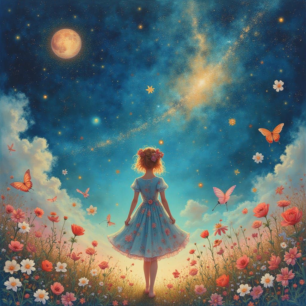 Whimsical Woman Amidst Celestial Floral Tapestry