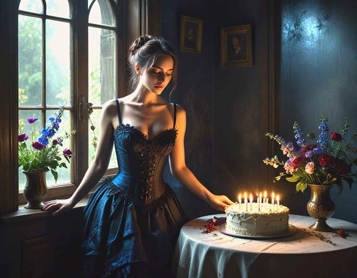 Joyful Emo Gothic Woman With Birthday Cake