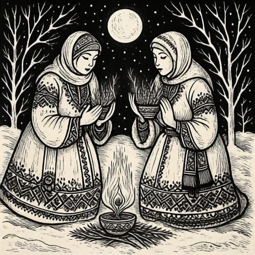 Winter Moonlit Rituals in Folk Art Ink Drawing Style