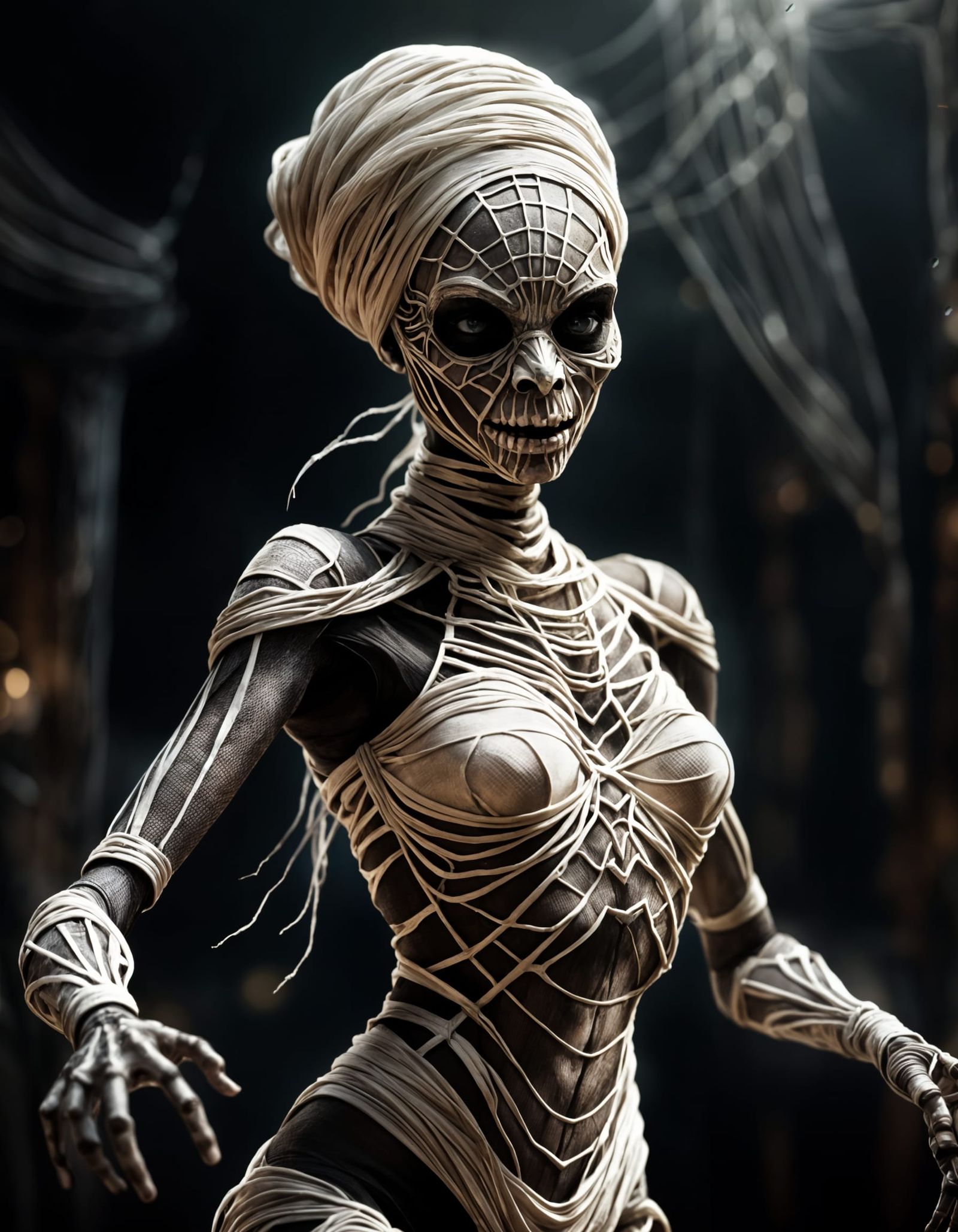 Dancing Spider Silk Mummy in Dramatic Light