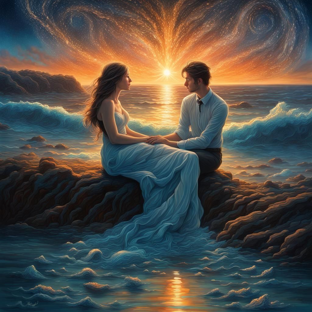 Bioluminescent Starry Sky at Sunset in Surrealist Style