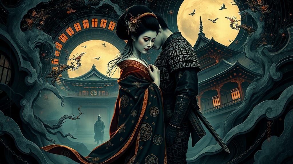 Geisha and Samurai Embrace in Dystopian Art Deco Style