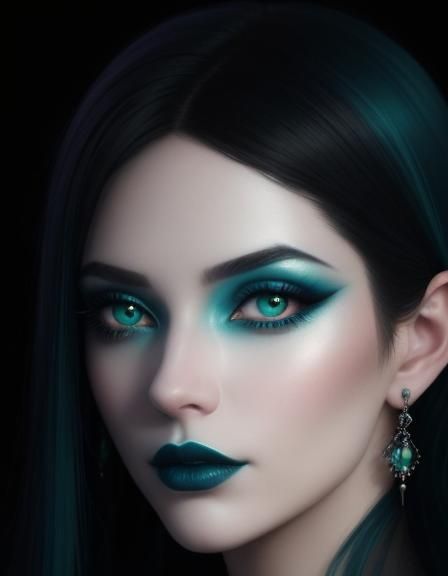 Ethereal gothic young lady with black hair with dark teal green hair highlights and bluish green eyes with cobalt blue e...