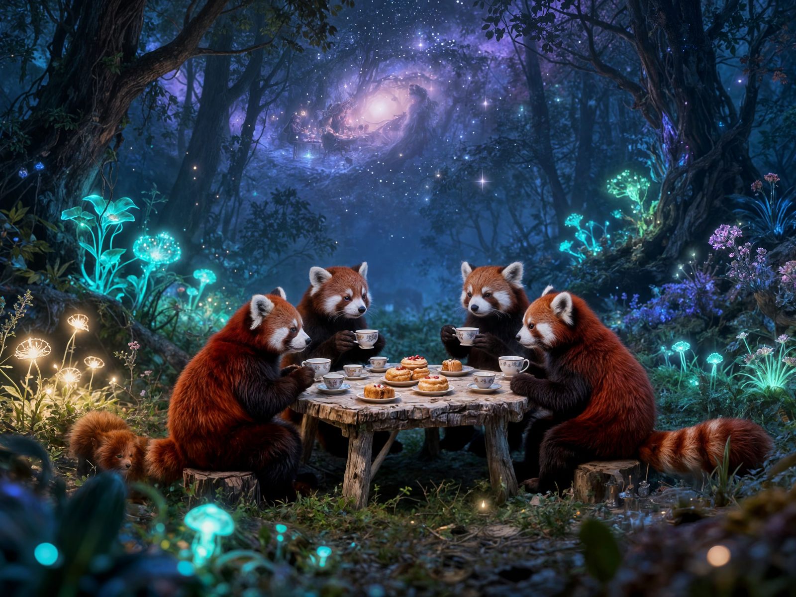 Red Pandas Enjoying Tea in a Surreal Magical Forest