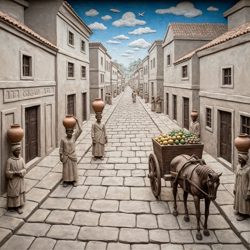 Low Relief Mural of a Fantastical Town with People and Horse...