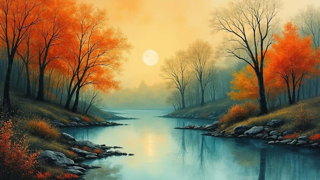 Vibrant Watercolor River Scene in Orange and Teal