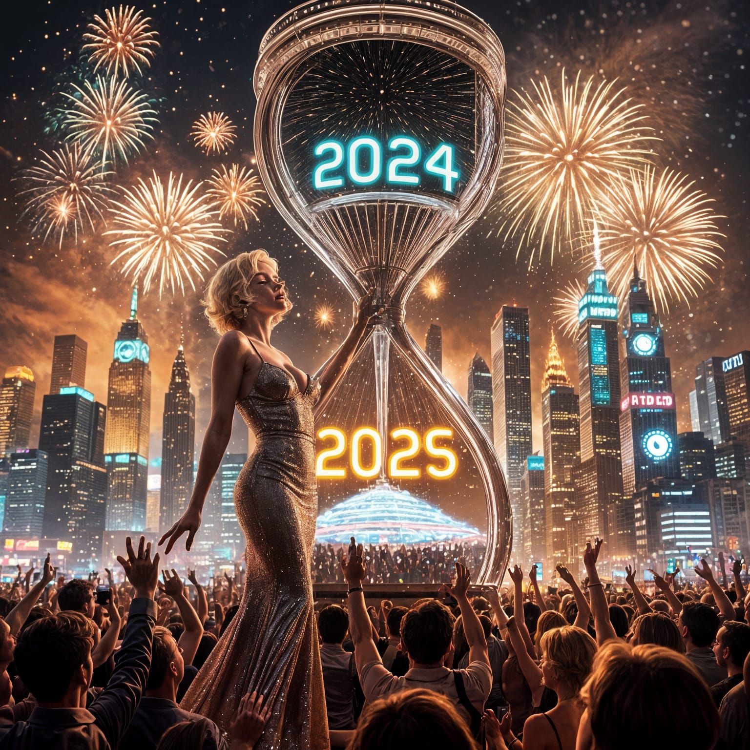 Marilyn Monroe Surrounded by Futuristic New Year's Eve Celeb...