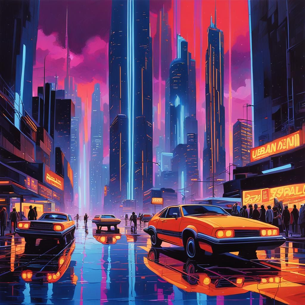 Futuristic Cityscape with Neon Lights in Urban Art Style