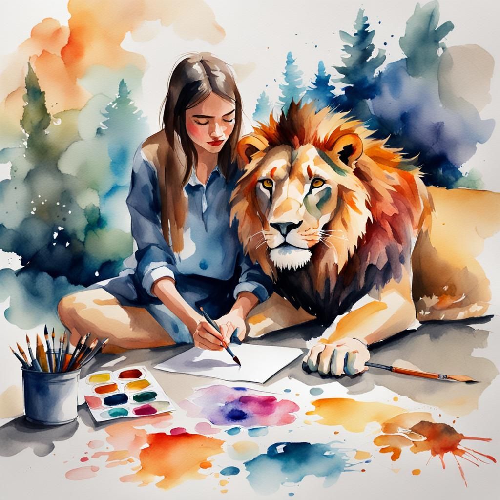 Girl's Watercolor Lion Daydream, Sketch Style