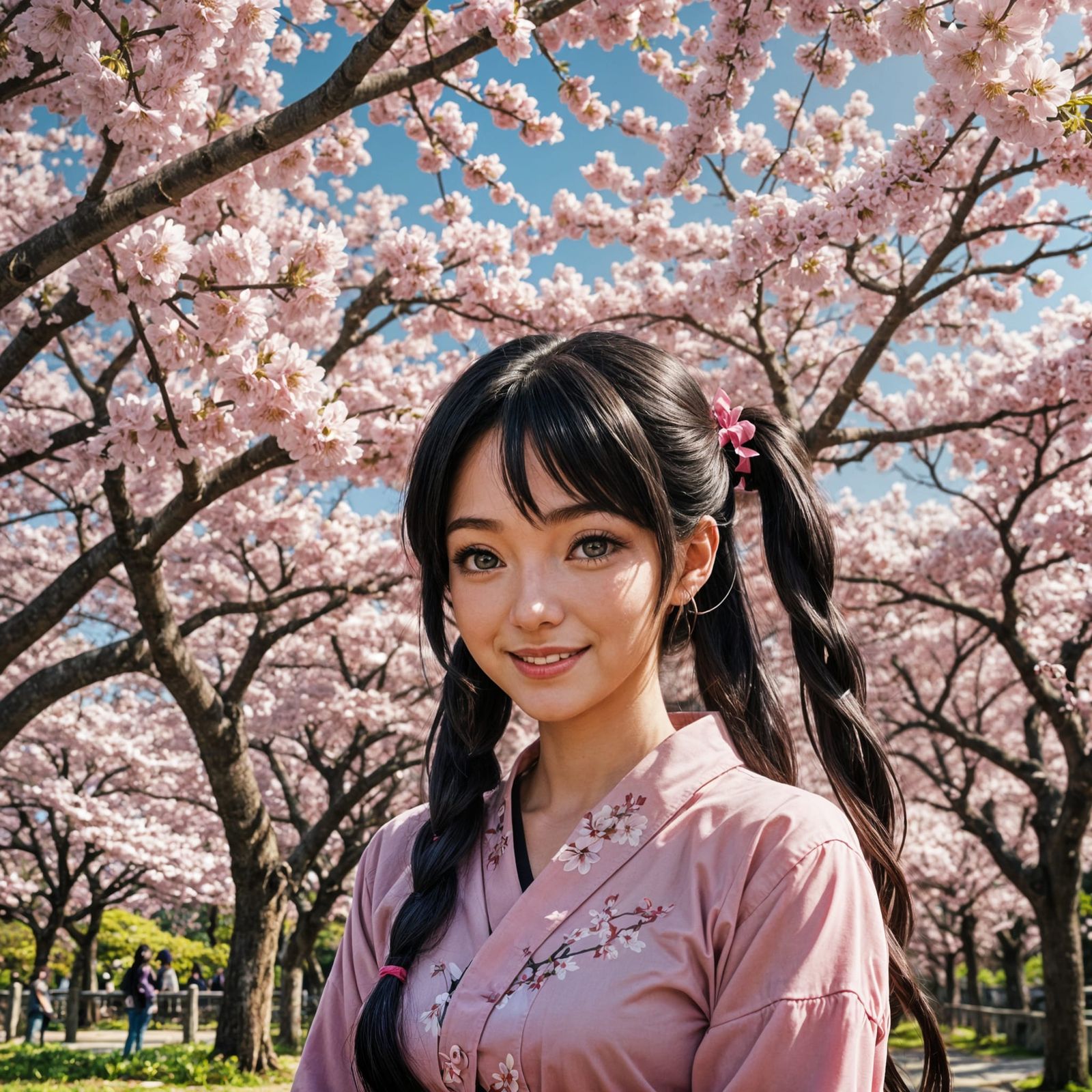 Anime Woman in Park with Cherry Blossoms
