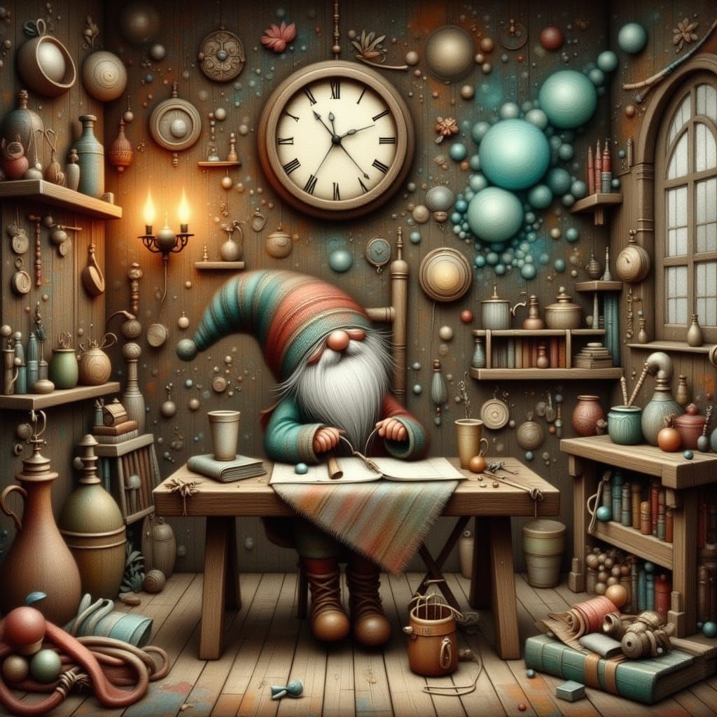 Gnome Clockmaker in Cozy Shop