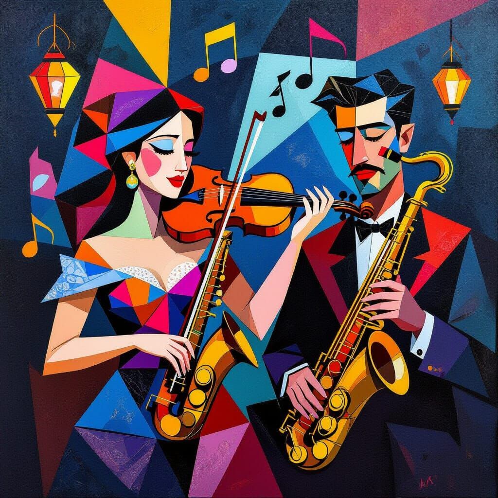Abstract Music Scene with Musicians in Cubist Style