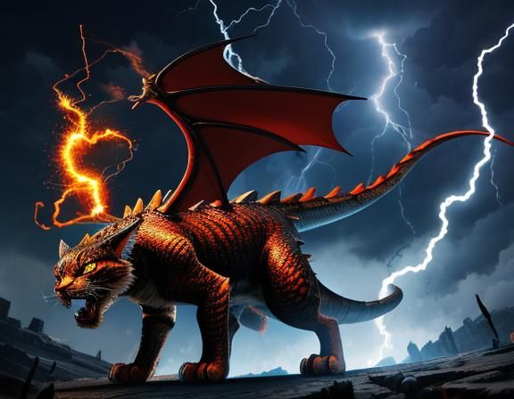 Cat Dragon Conjuring Fire and Lightning