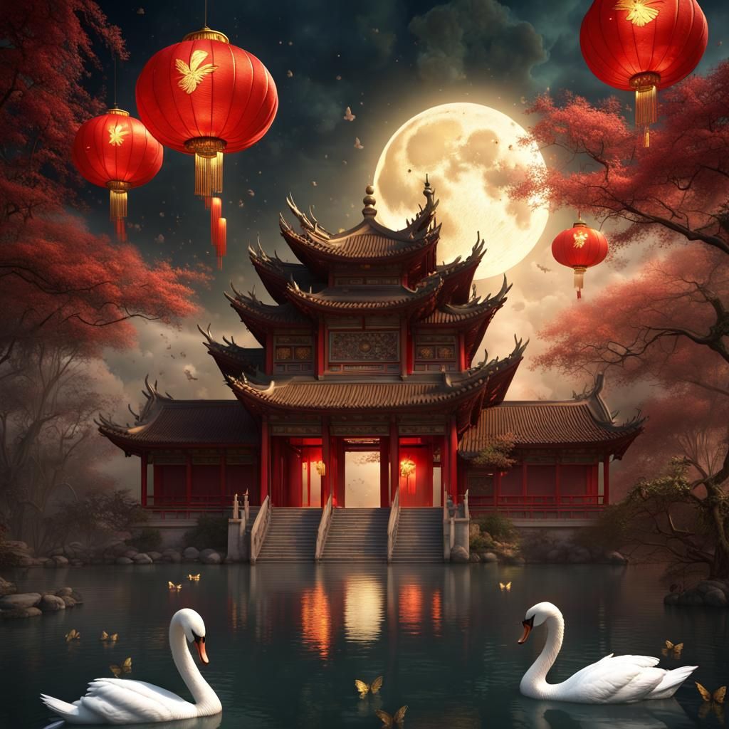 Chinese Temple with Swans and Fireworks at Night