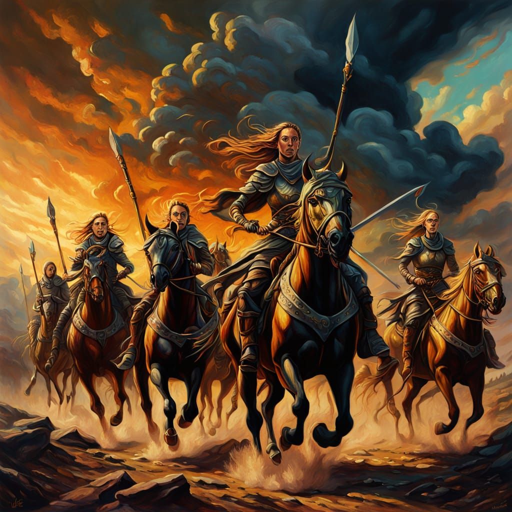 Female Warriors Ride to Battle in Surreal Oil Painting