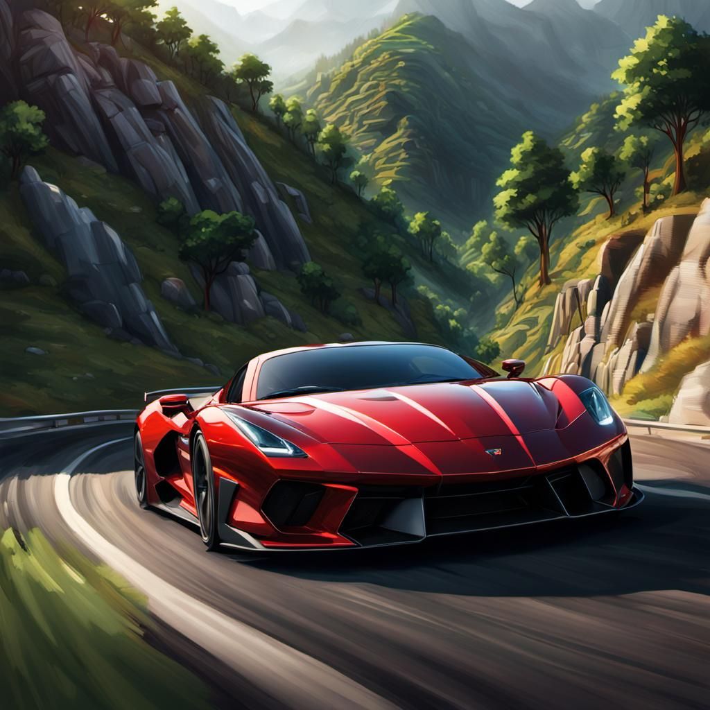 Blood Red Supercar Concept Art on Mountain Road