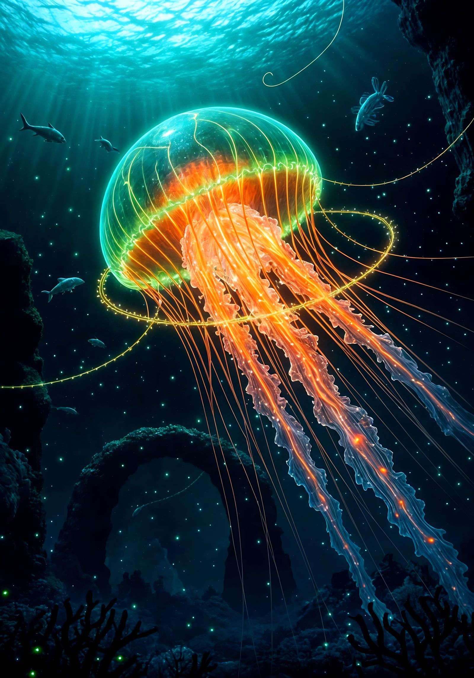 Bioluminescent Jellyfish Radiates Neon Green and Fiery Orang...