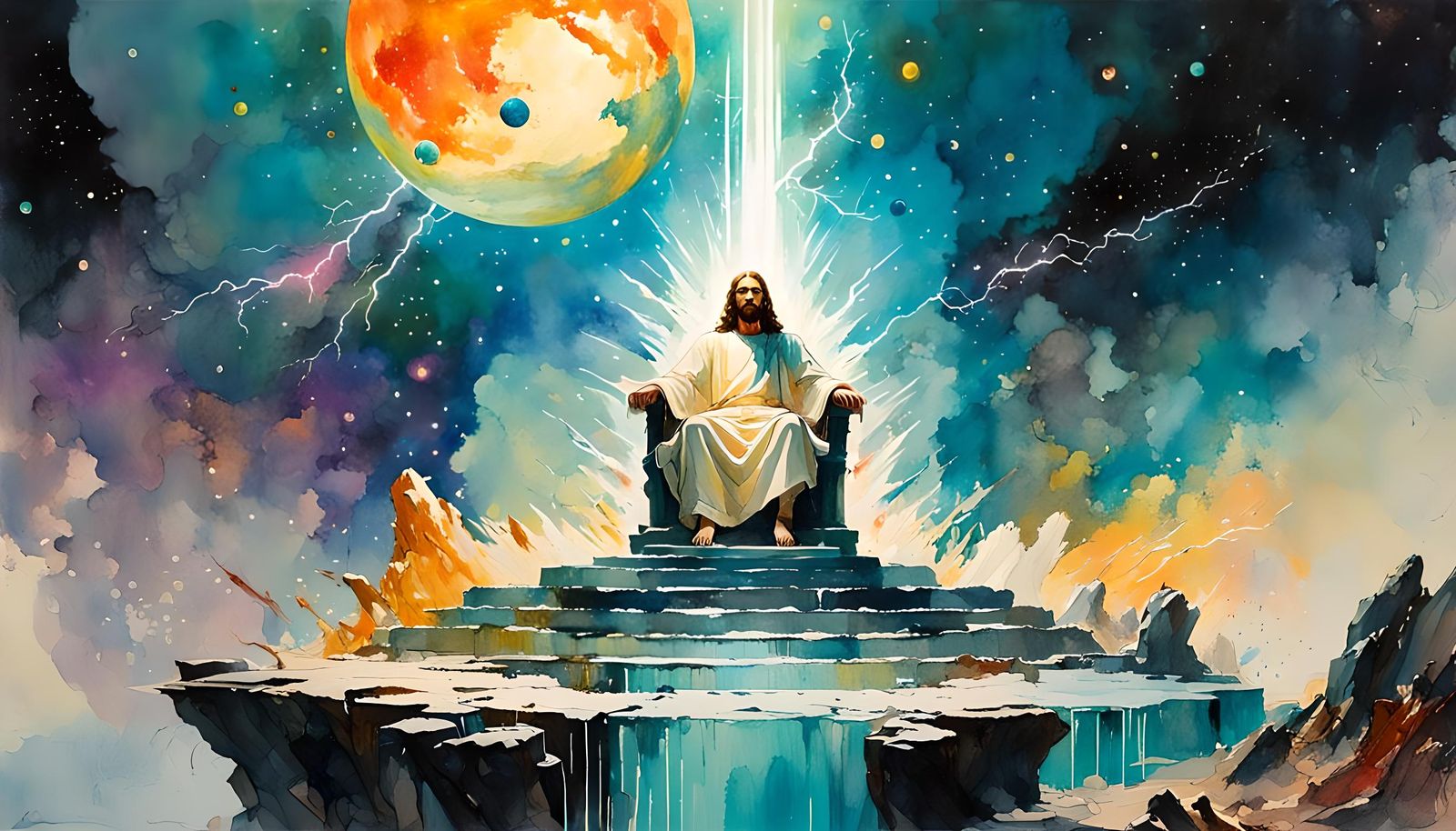 Jesus Enthroned in Heaven: Watercolor Cosmos
