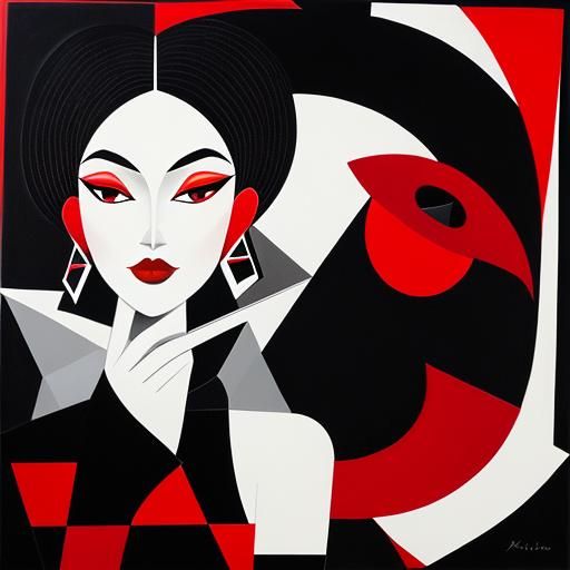 Abstract Cubist Portrait in Black and White with Red Accents