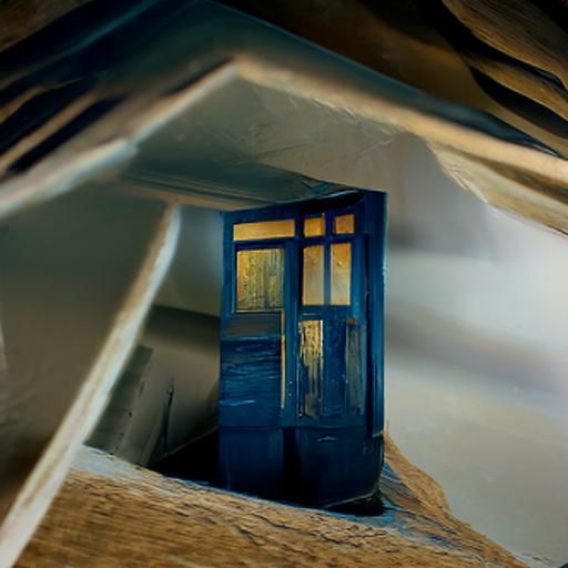 Vintage Police Box in Attic, Gouache Brutalism Style