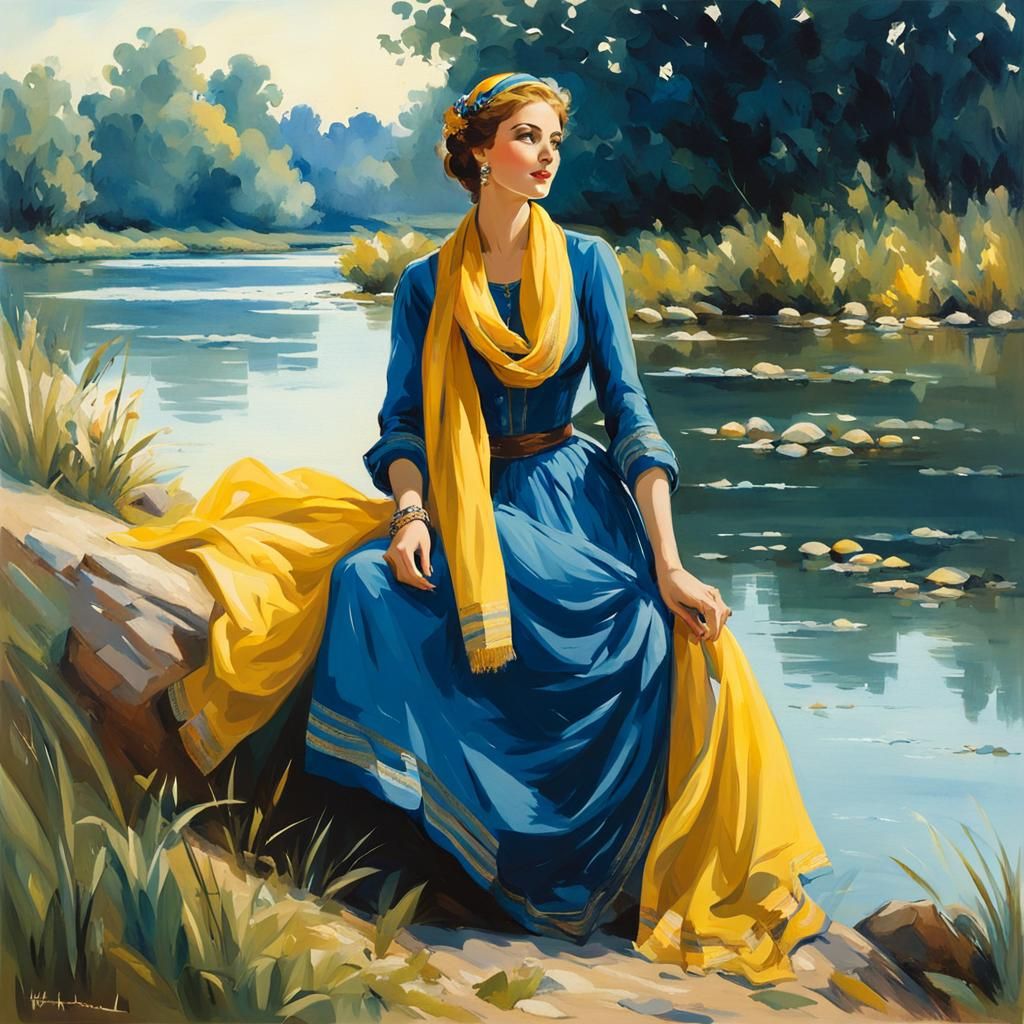 Woman at Riverbank in Painterly Style