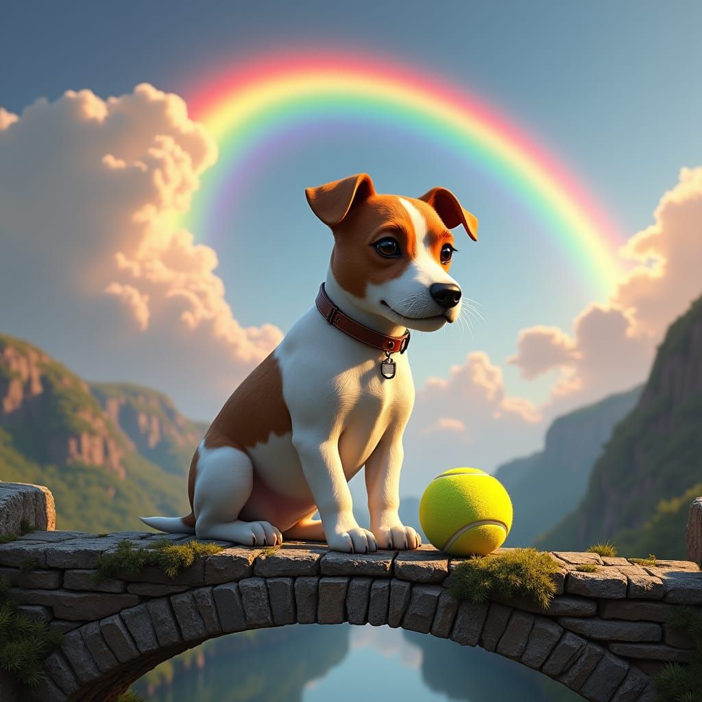 Jack Russell Terrier on Bridge with Rainbow