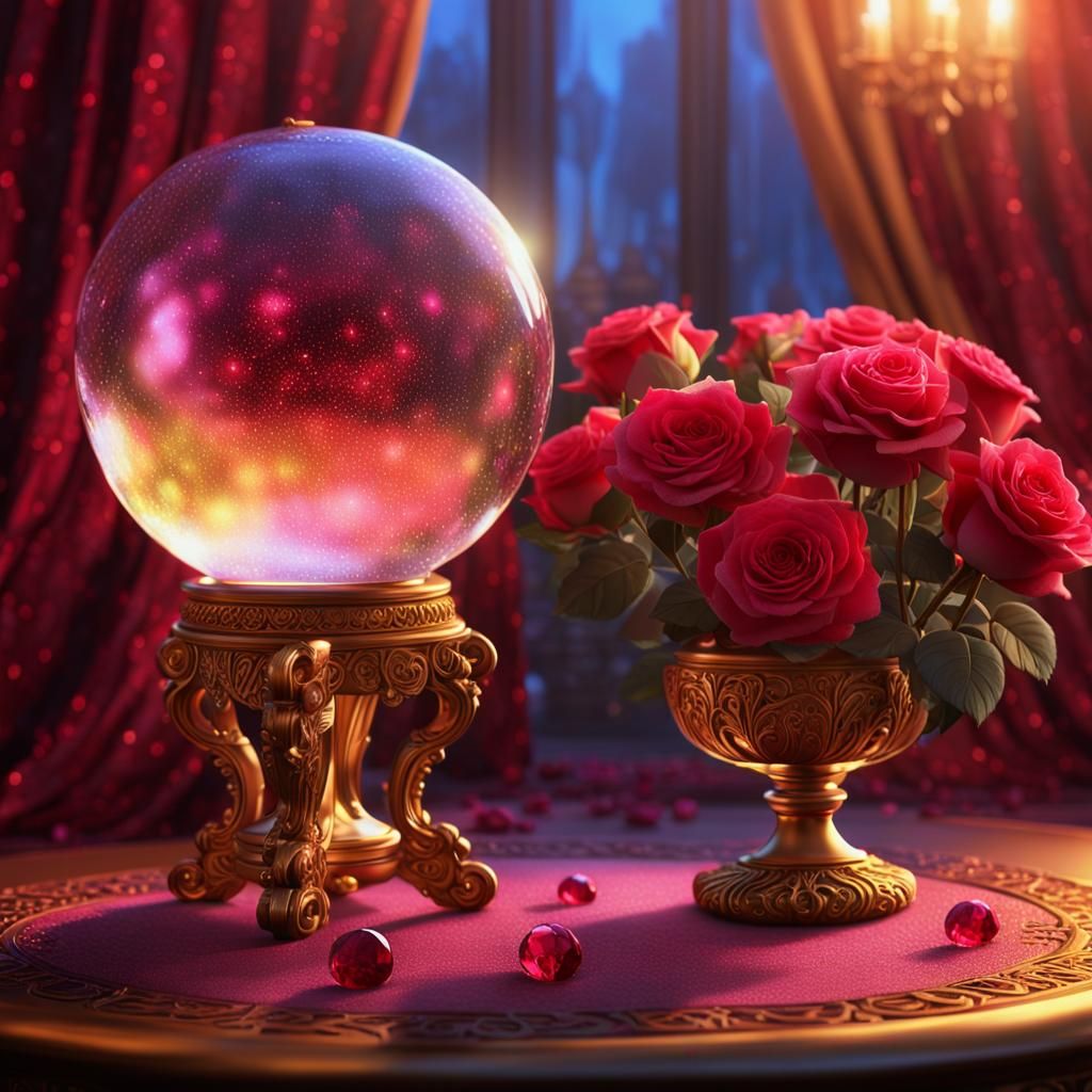 Crystal Ball and Roses in Atmospheric Digital Painting
