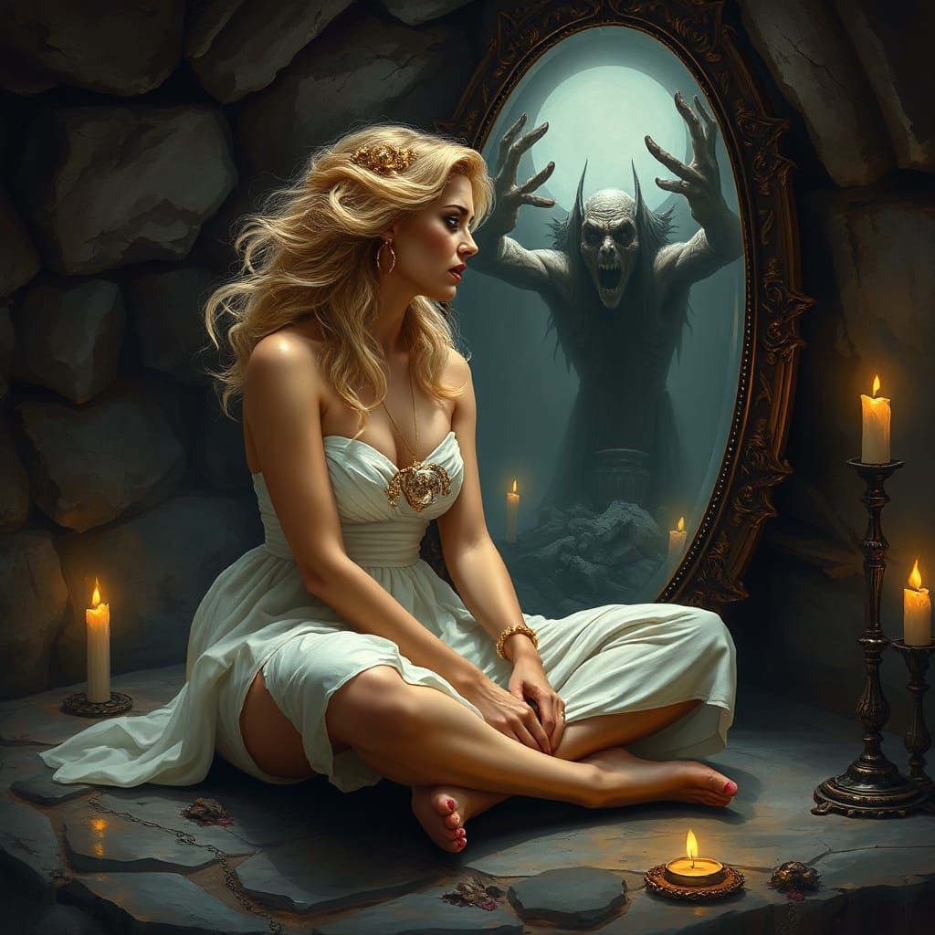 Stunning Blonde Goddess in Mysterious, Dark Atmosphere
