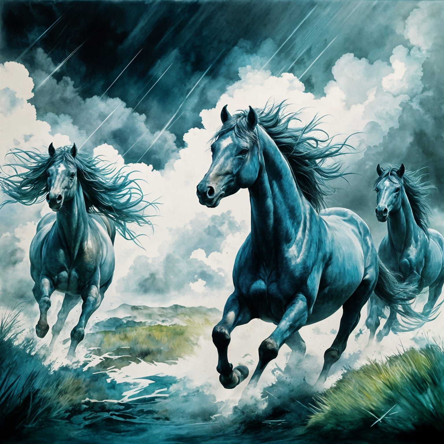 Wild Horses Gallop Across Green Plains in Dramatic Watercolo...