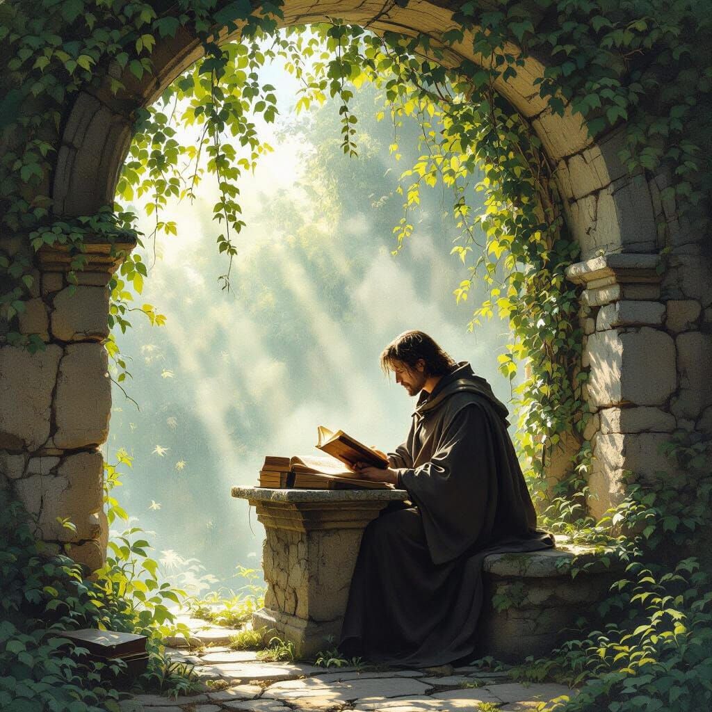 Scholar Reads Ancient Tome Under Ivy Archway in Soft Realism