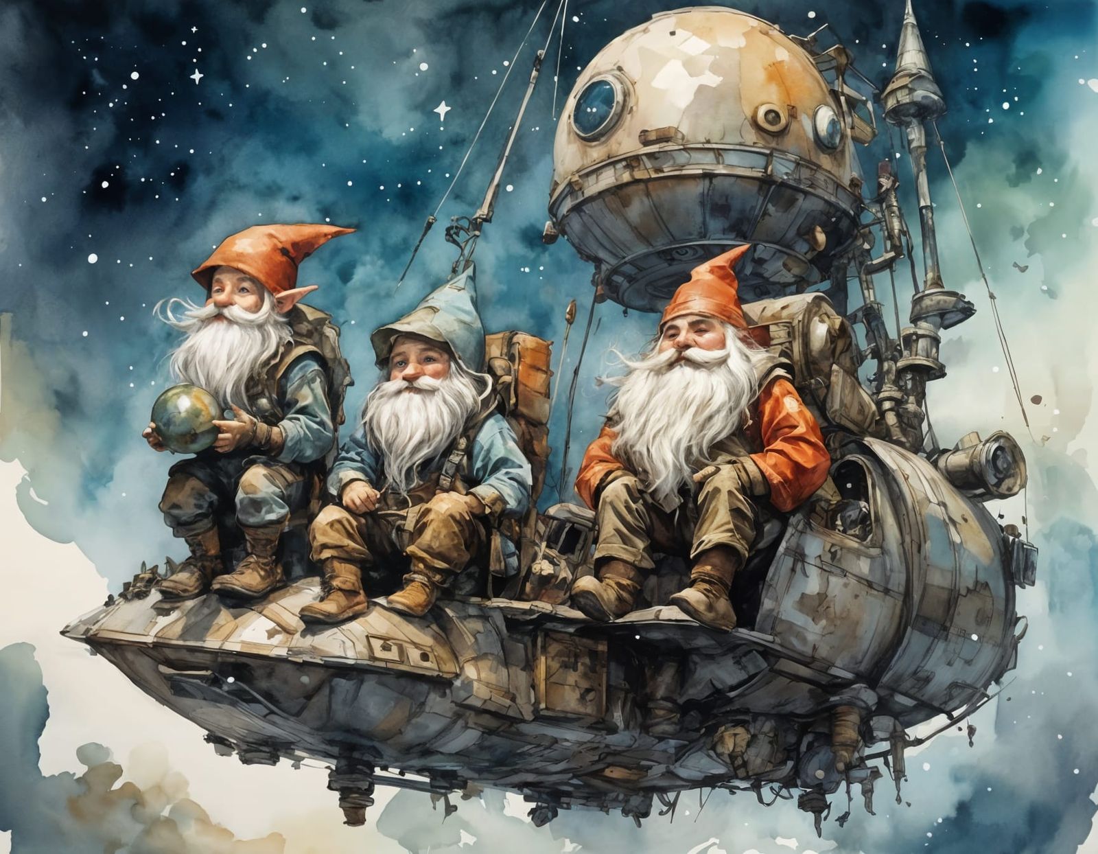 Gnomes' Whimsical Moon Expedition: Watercolor Illustration