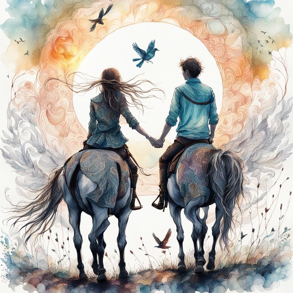 Whimsical Zentangle: Children on Horseback at Sunset